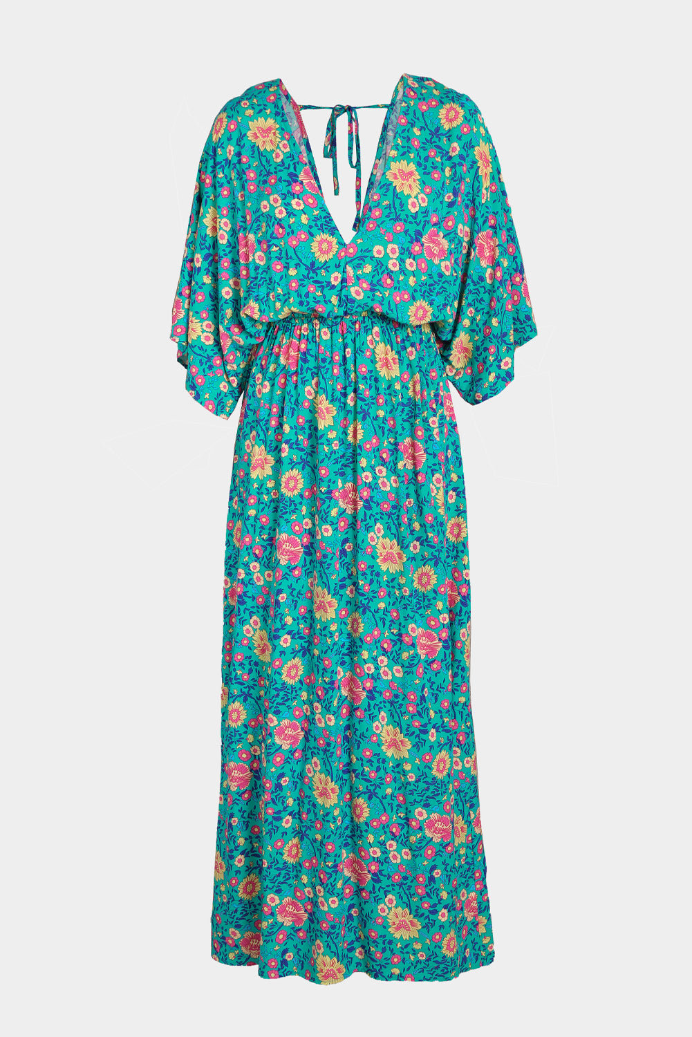 Floral Print Deep V Neck Flutter Sleeve Boho Maxi Dress