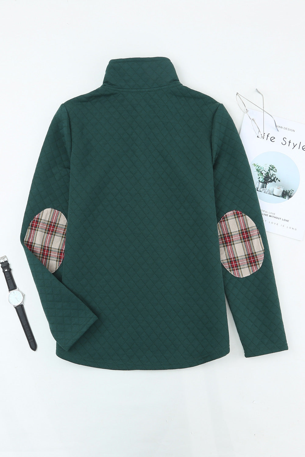 Red Plaid Geometric Texture Trim Button Neck Sweatshirt