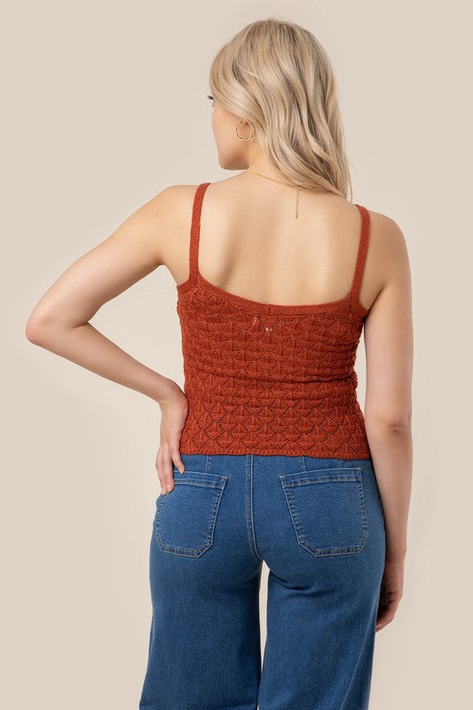 Crochet knit tank- Crochet knit tank- Pattern type : solid- Sleeve length : sleeveless- Stretch : stretch- Sheer : sheer due to loose texture- Care instruction : machine wash cold, o