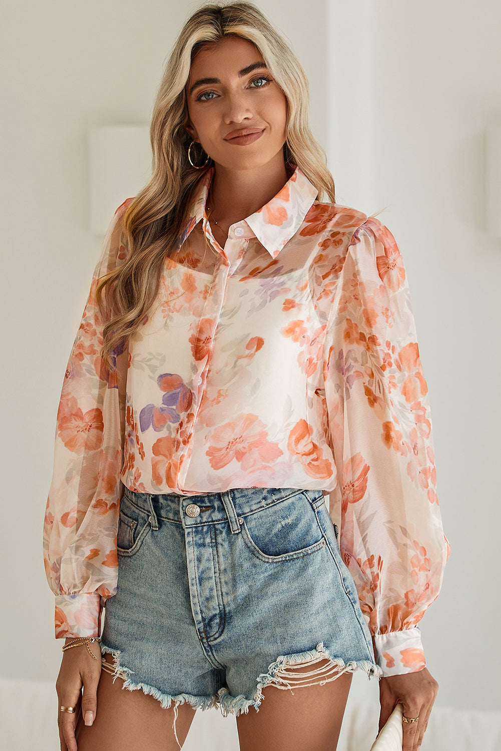 White Floral Print Buttoned Balloon Sleeve Loose Shirt