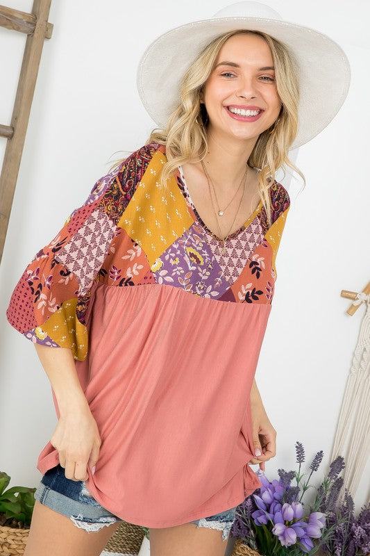 PATCH PATTERN MIXED BABYDOLL TOP- Patch pattern mixed babydoll top- Pullover ruffled half sleeves- V neck relaxed fit- Woven patch print and solid jersey mixed
Style: Casual
Print / Pattern: Patch 