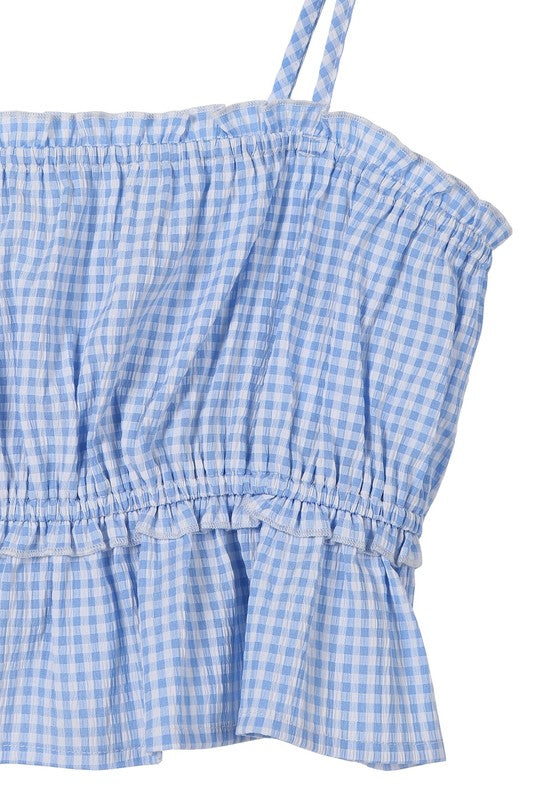 Blue gingham tank top*Blue gingham tank top*Pattern type : gingham *Sleeve length : sleeveless*Stretch : no stretch*Sheer : not lined, but not sheer*Care instruction : machine wash cold,