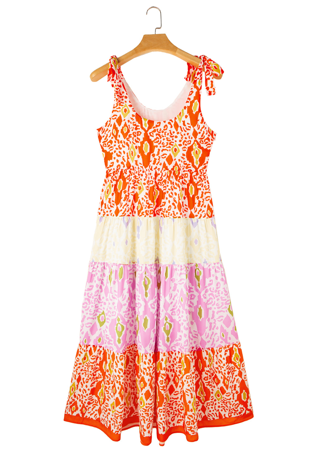 Orange Knotted Straps Leopard Colorblock Tiered DressMaterial:100%Polyester

• Embrace the vibrant energy of orange in this striking tiered dress, perfect for adding a pop of color to your wardrobe. 
• The knotted st