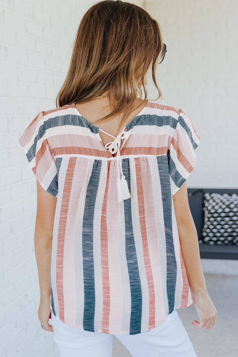 Pink and Blue Stripes Shirt Flutter Sleeve V Neck BlouseMaterial:100%Polyester


	•This simple striped print top looks very stylish and casual, and you'll get a lot of compliments wearing it 


	•Drawstring neckline 