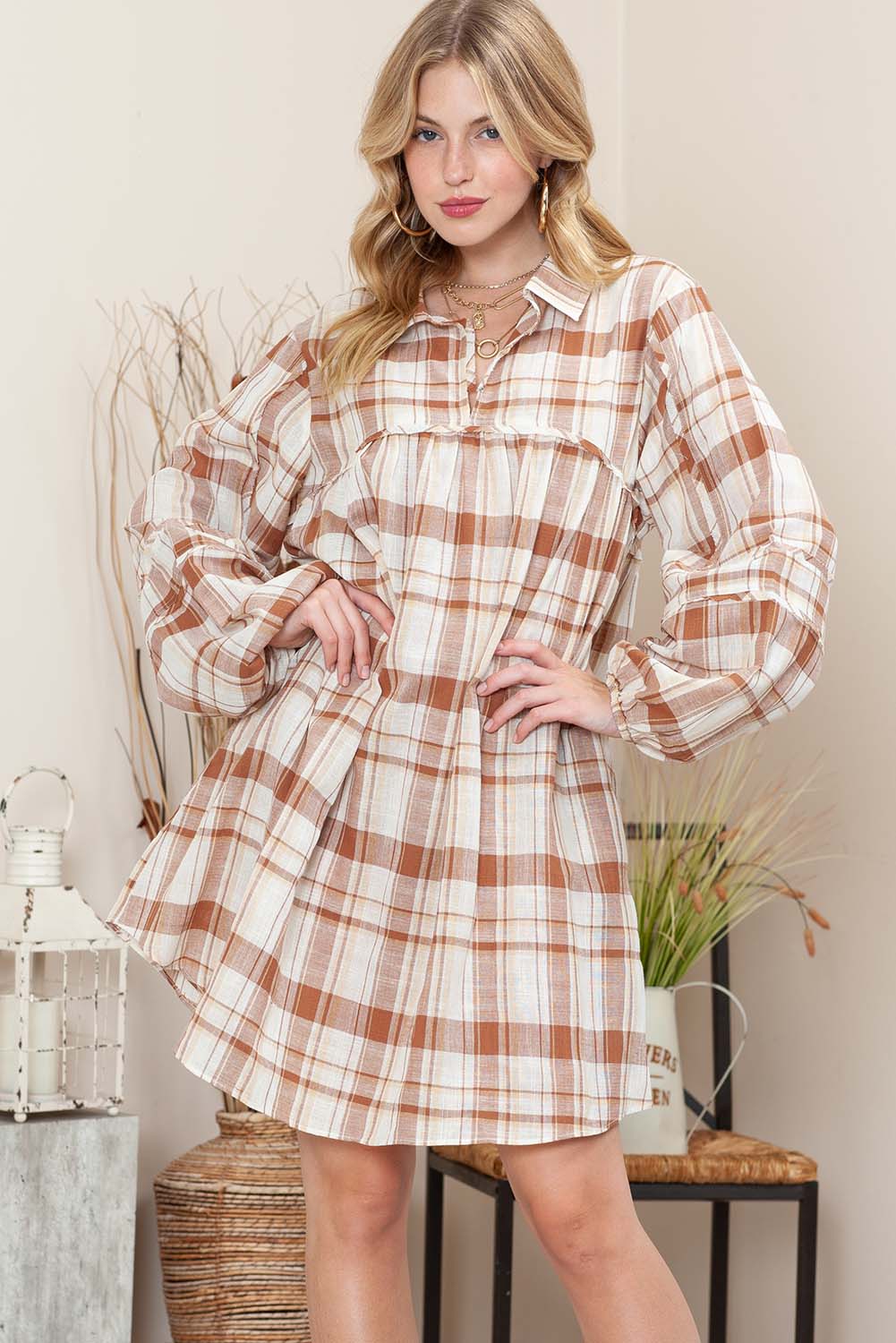 Brown Collared Long Sleeve Plaid Dress with PocketsMaterial:100%Polyester



		• Made from high-quality materials, this dress is both comfortable and durable, ensuring that it will last for many years to come.
	
