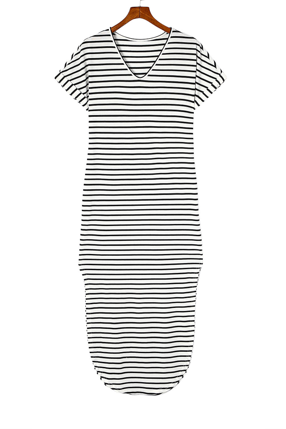 Black Striped Print Side Split Short Sleeve V Neck Maxi DressMaterial:65%Viscose+30%Polyester+5%Elastane



		•Maxi length and t-shirt style make it a comfortable and versatile piece.
	
	
		•The v-neckline and short sleev