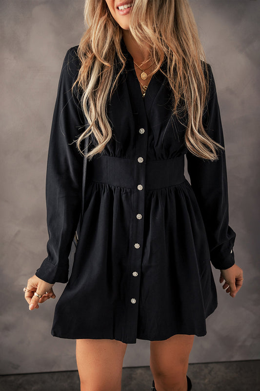 Black Buttoned High Waist Long Sleeve Mini DressMaterial:94%Viscose+6%Elastane

• Effortlessly chic and versatile, this mini dress is perfect for both casual outings and dressier occasions. 
• Crafted with a hig