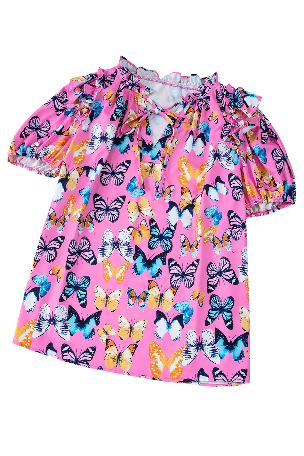 Purple Butterfly Print Frill V Neck Puff Sleeve BlouseMaterial:100%Polyester



		 Fluttery and fabulous: This blouse features a whimsical butterfly print, a flattering V-neck, playful frill details, and romantic puff