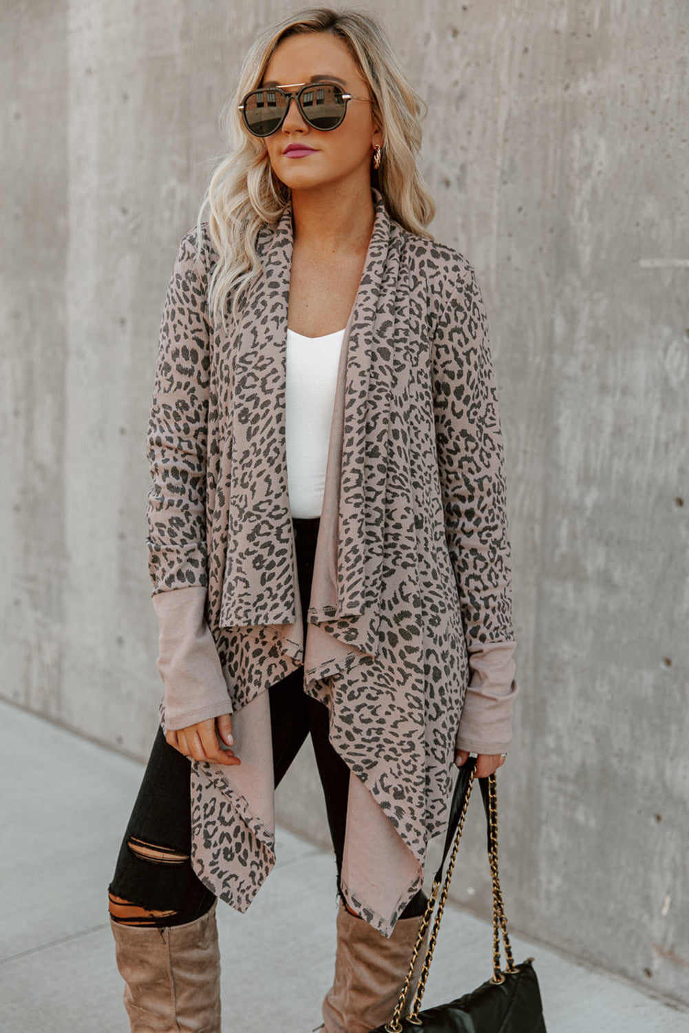 Cheetah Print Cowl Neck Open Front Long Cardigan