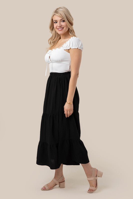 Tiered maxi skirt- Tiered maxi skirt- Pattern type : solid- Stretch : stretch- Sheer : Beige - lined and no see through / Black - not lined, but not very sheer- Care instruction : ma