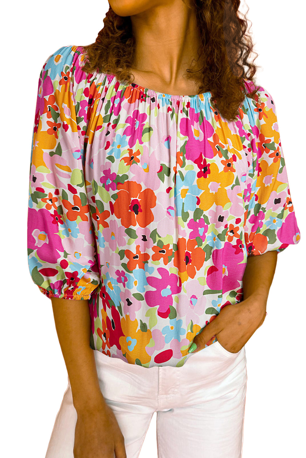 Red 60s Floral Print Puff Sleeve Pleated Elastic Neckline BlouseMaterial:100%Viscose



		This loose blouse allows for ease of movement and makes it a versatile piece
	
	
		The floral print is perfect for adding a pop of pri