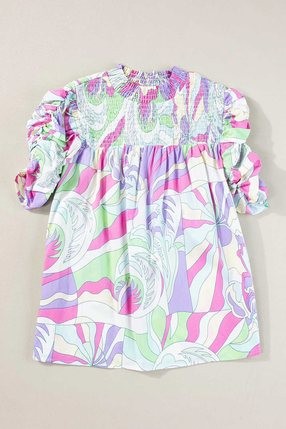 Pink Abstract Print Smocked Bubble Sleeve BlouseMaterial:100%cotton


	


		The blouse features a vibrant and unique abstract print, adding a pop of color to your outfit.
	
	
		The bubble sleeves add a play