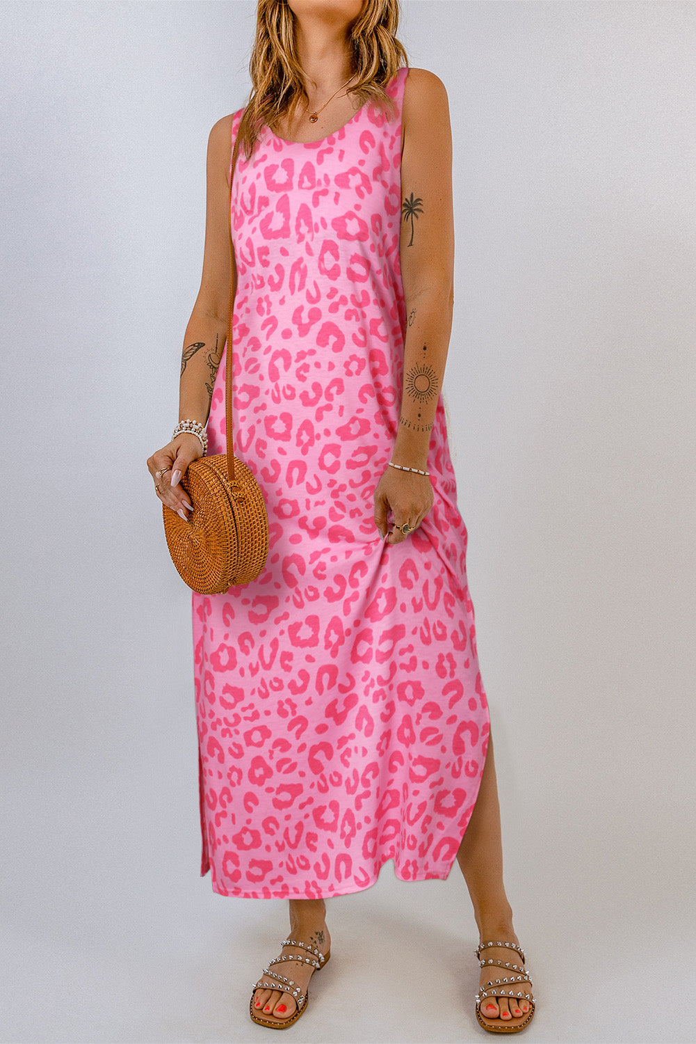 Rosy Casual Leopard Print Side Slits Sleeveless Dress