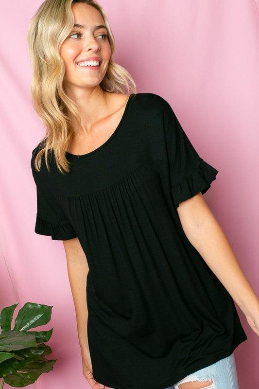 PLUS SOLID RUFFLED SL BABY DOLL TOPPLUS SOLID JERSEY ROUND NECK RUFFLED SHORT SLEEVE BABY DOLL TOP95% RAYON, 5% SPANDEX MADE IN USA1X/2X/3X 2-2-2
Style: Casual
Print / Pattern: SOLID
Fit: Loose
Neck L