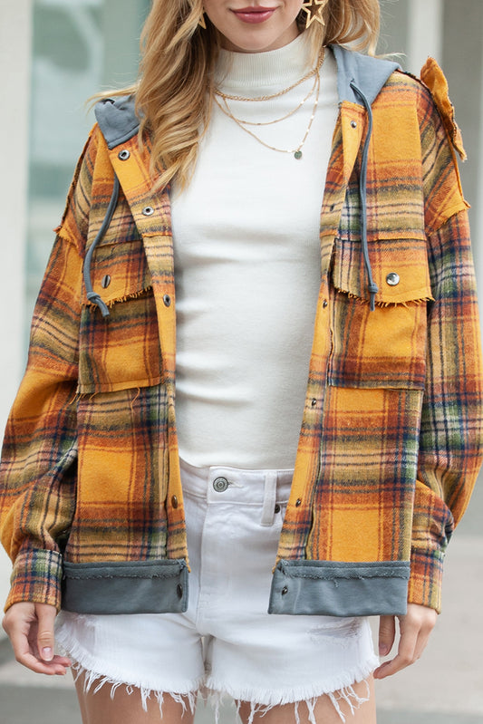 Orange Plaid Patchwork Frayed Trim Snap Button Hooded Jacket