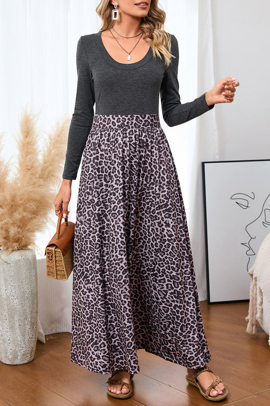 Black and Leopard Print Long Sleeve Boho Maxi DressMaterial:95%POLYESTER+5%ELASTANE



		• Made from high-quality materials, this dress is comfortable and durable, ensuring it will be a staple in any wardrobe for y