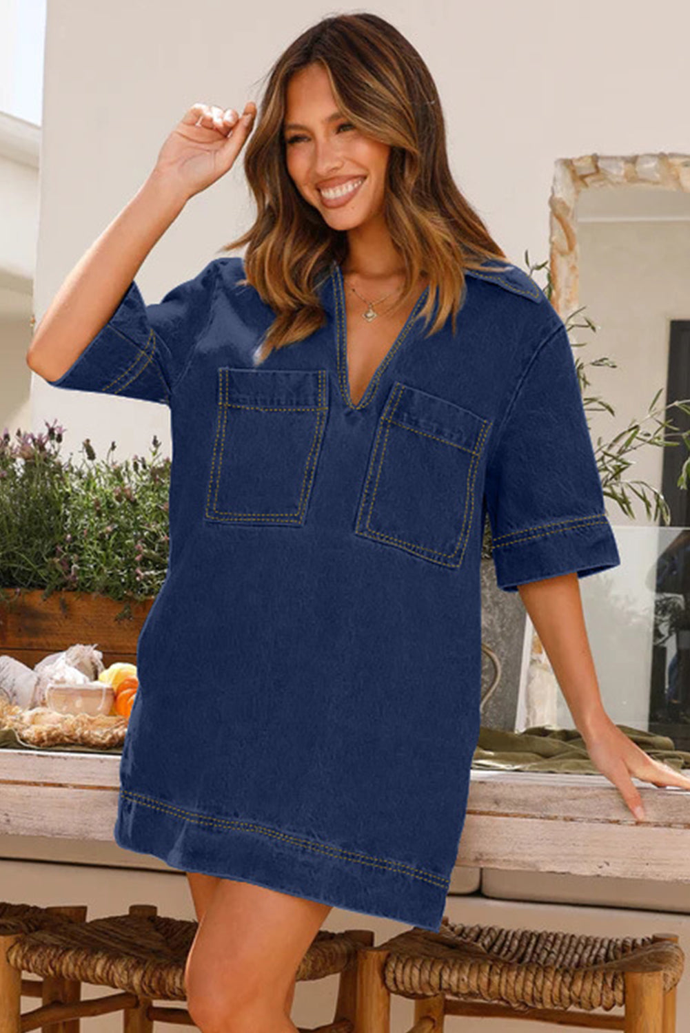 Sail Blue Soft Denim Lapel Mid Sleeve Loose Denim Dress