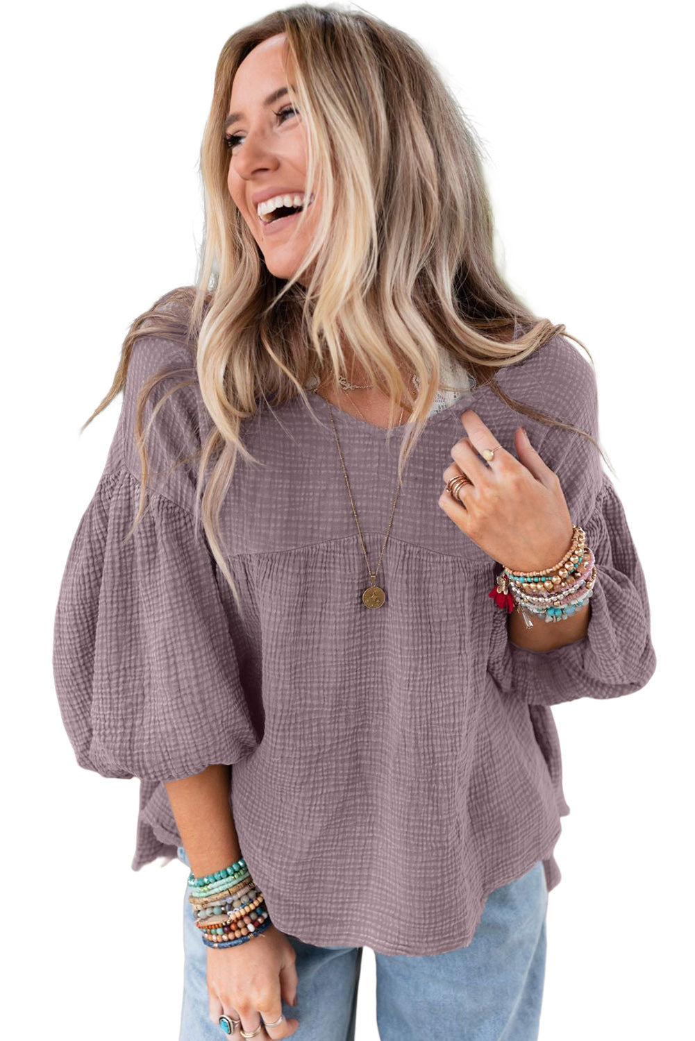 Gray Textured V Neck Bubble Sleeve Flared TopMaterial:100%Cotton



		You may regret missing out on such a lovely top
	
	
		V-neck, playful puffy sleeves, and casual fit have always been popular
	
	
		T