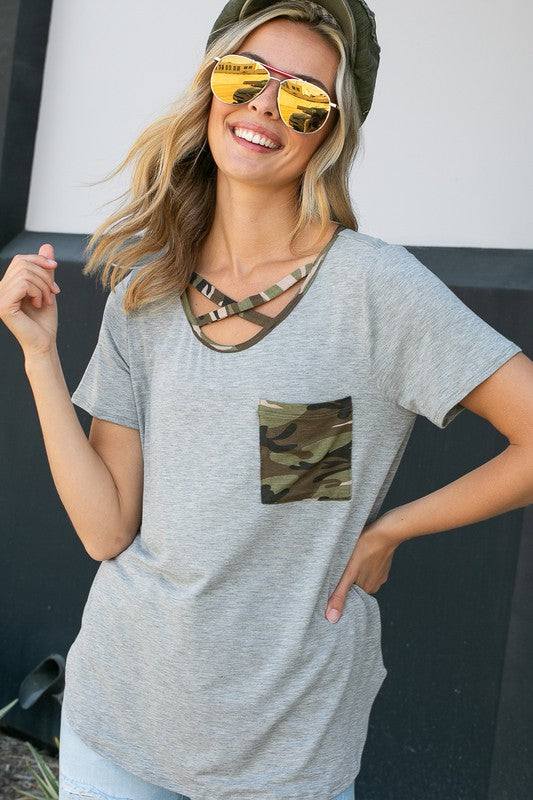 PLUS CAMOUFLAGE PRINT BASIC TOP- Plus camouflage print mixed basic top- Lace up v neck - Short sleeves and chest pocket- Camouflage print and solid jersey mixed- 1X/2X/3X 2-2-2- 95% RAYON, 5% SPAN