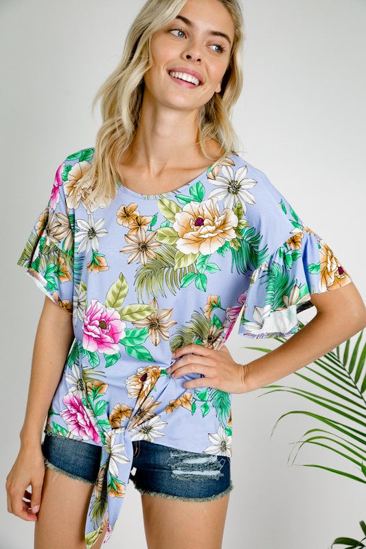 FLORAL RUFFLE SLEEVE TIE BOTTOM TOPFLORAL JERSEY RUFFLE SHORT SLEEVE FRONT TIE BOTTOM ROUND NECK TOP95% RAYON, 5% SPANDEX MADE IN USAS/M/L 2-2-2
Style: Casual
Print / Pattern: FLORAL
Fit: Loose
Embell