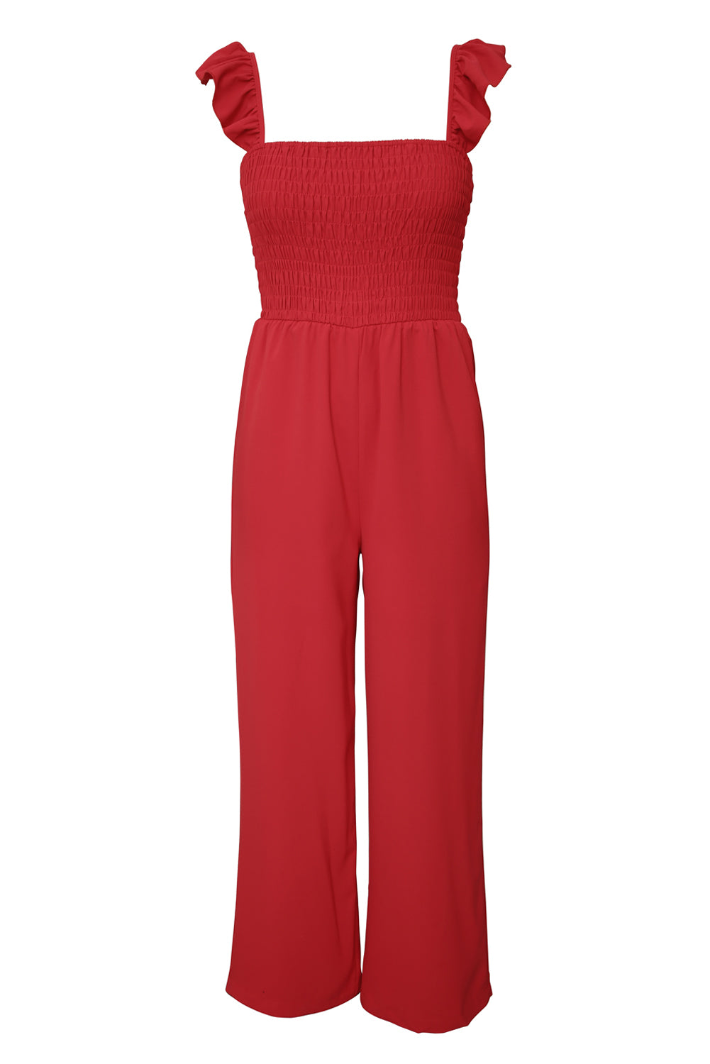 Apricot Smocked Ruffle Strap Pocket Wide Leg JumpsuitMaterial:100%Polyester



		This plain jumpsuit is sexy yet graceful with a flattering silhouette
	
	
		Flutter sleeves, square neck, smocked bodice and wide le