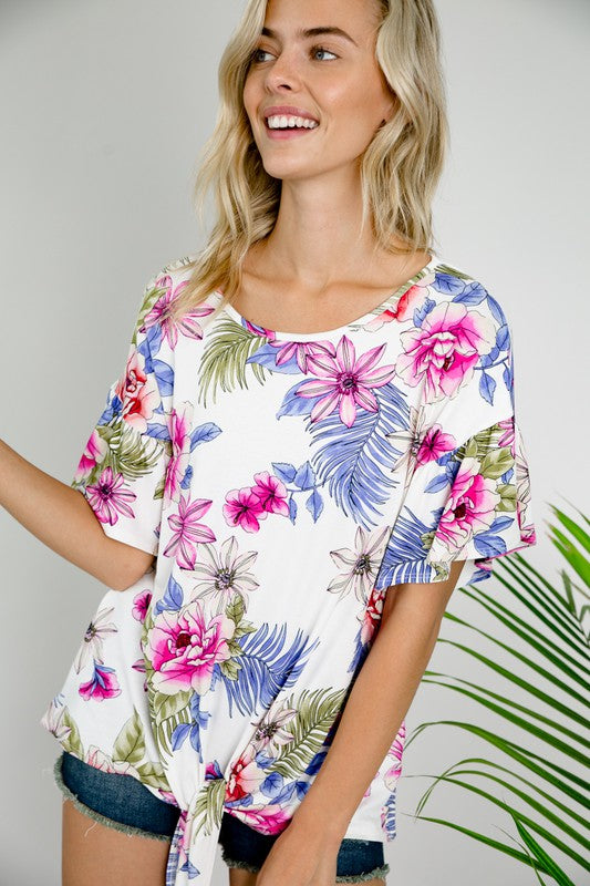 FLORAL RUFFLE SLEEVE TIE BOTTOM TOPFLORAL JERSEY RUFFLE SHORT SLEEVE FRONT TIE BOTTOM ROUND NECK TOP95% RAYON, 5% SPANDEX MADE IN USAS/M/L 2-2-2
Style: Casual
Print / Pattern: FLORAL
Fit: Loose
Embell