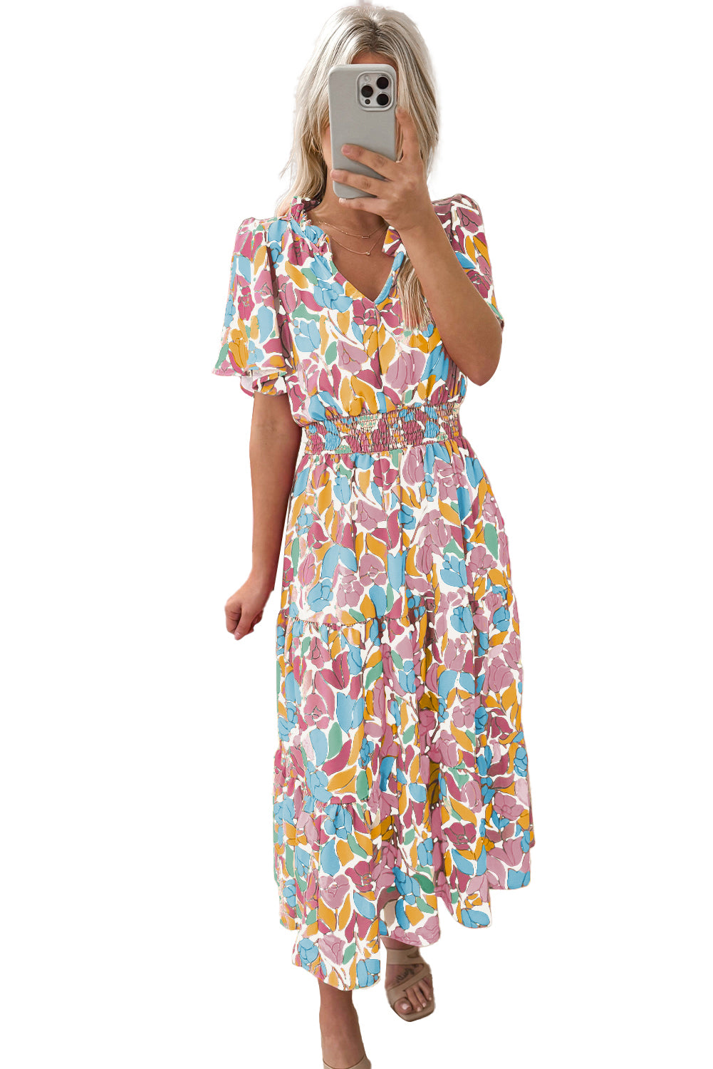 Rose Floral Flounce Sleeve Smocked Waist Tiered Maxi DressMaterial:100%Polyester

• Exude bohemian elegance in this maxi dress, featuring a smocked waist for a flattering silhouette.
• The tiered design adds a whimsical t