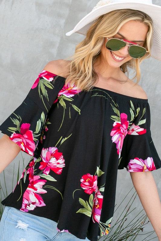 FLORAL OFF SHOULDER TOPFLORAL PRINT JERSEY ELASTICIZED OFF SHOULDER TOP- Floral off shoulder top- Elasticized off shoulder neckline- Ruffle short sleeves- Loose fit- Allover floral print j