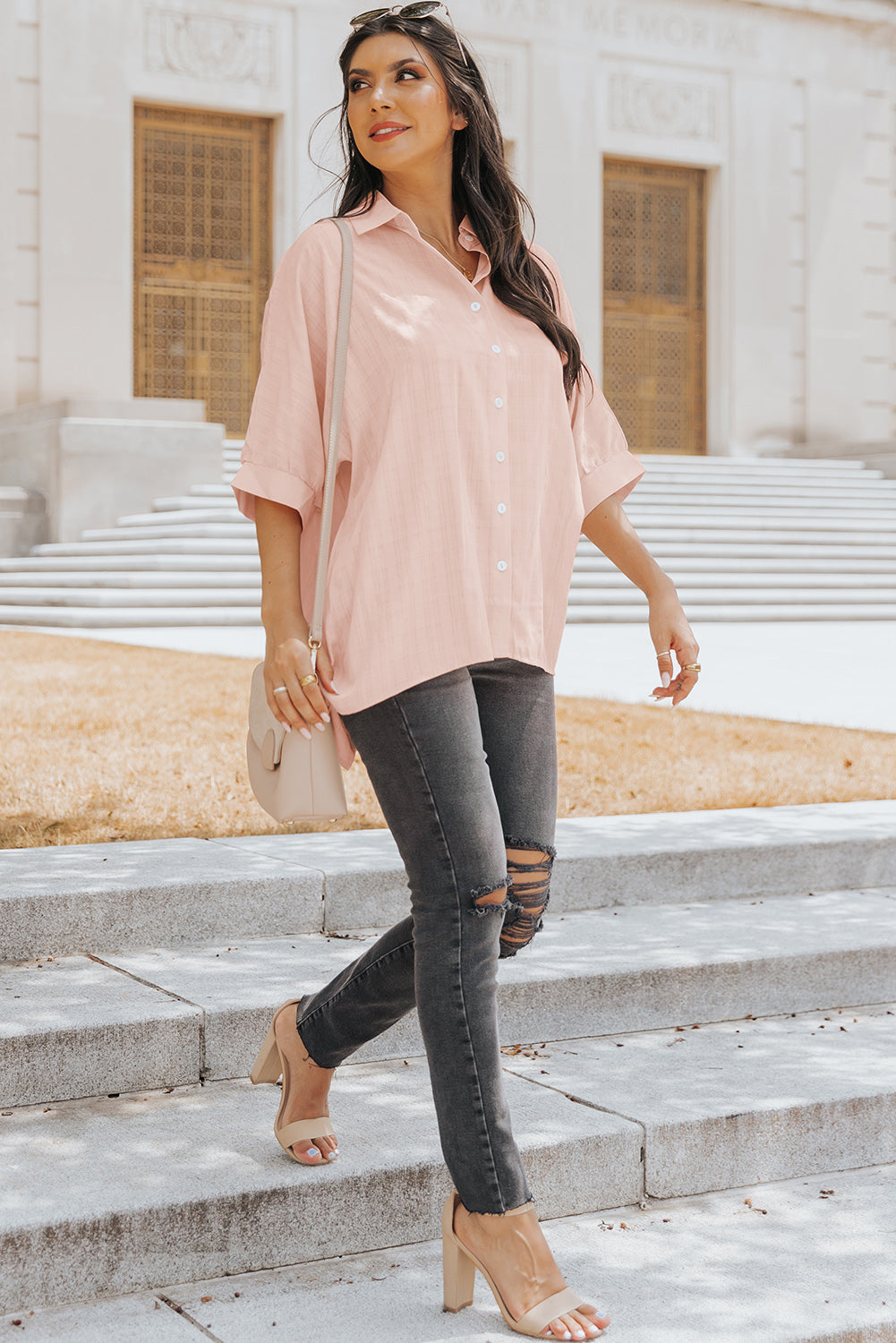 Pink Half Sleeve Collared Button Up BlouseMaterial:100%Polyester



		It features a flattering high-low hemline for a stylish touch.
	
	
		The collared design adds a touch of sophistication.
	
	
		Th