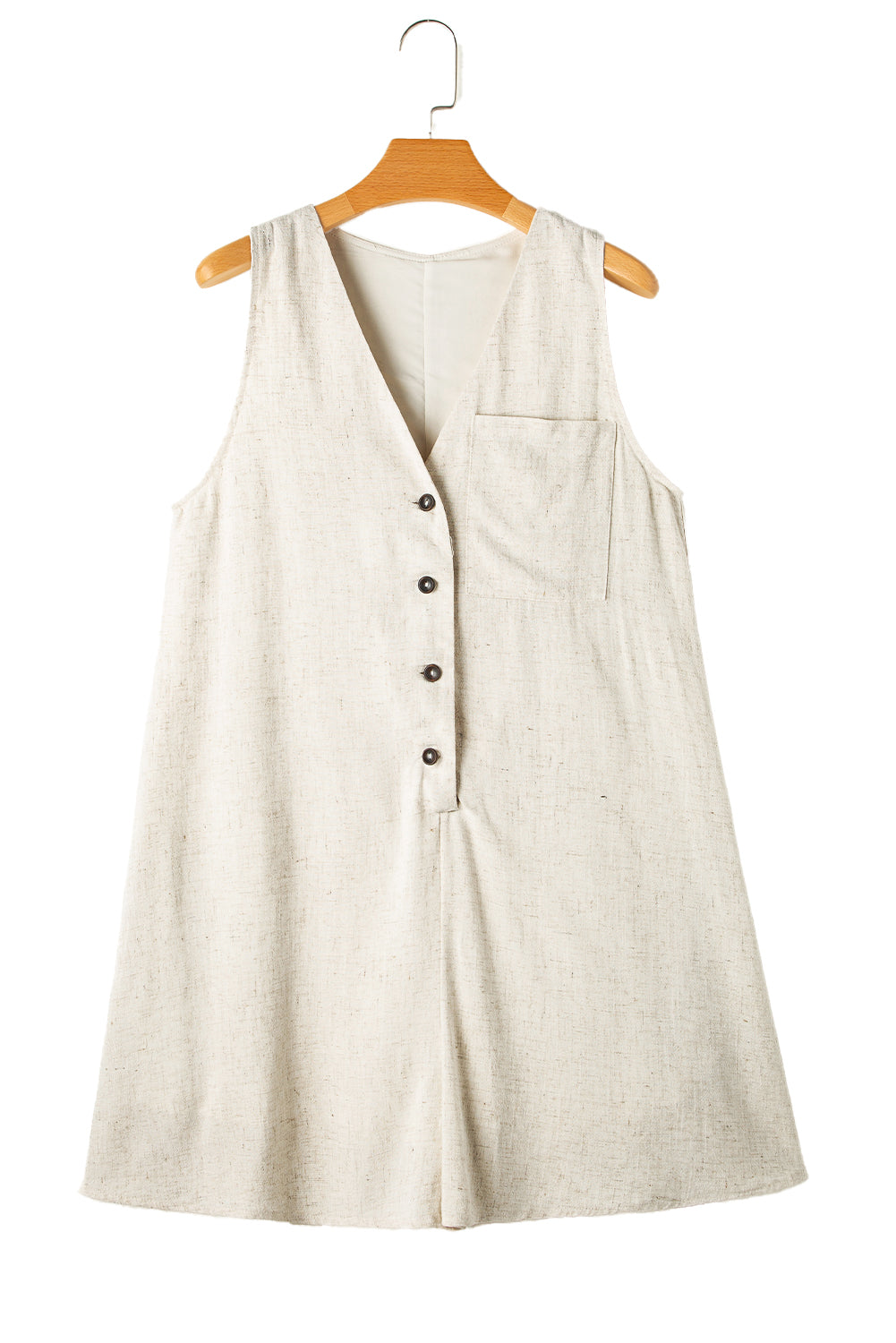 Beige V Neck Buttoned Front Chest Pocket Sleeveless RomperMaterial:92%Viscose+8%Linen

• Effortlessly chic, this romper exudes casual sophistication with its plain design and convenient chest pocket, perfect for a day out 