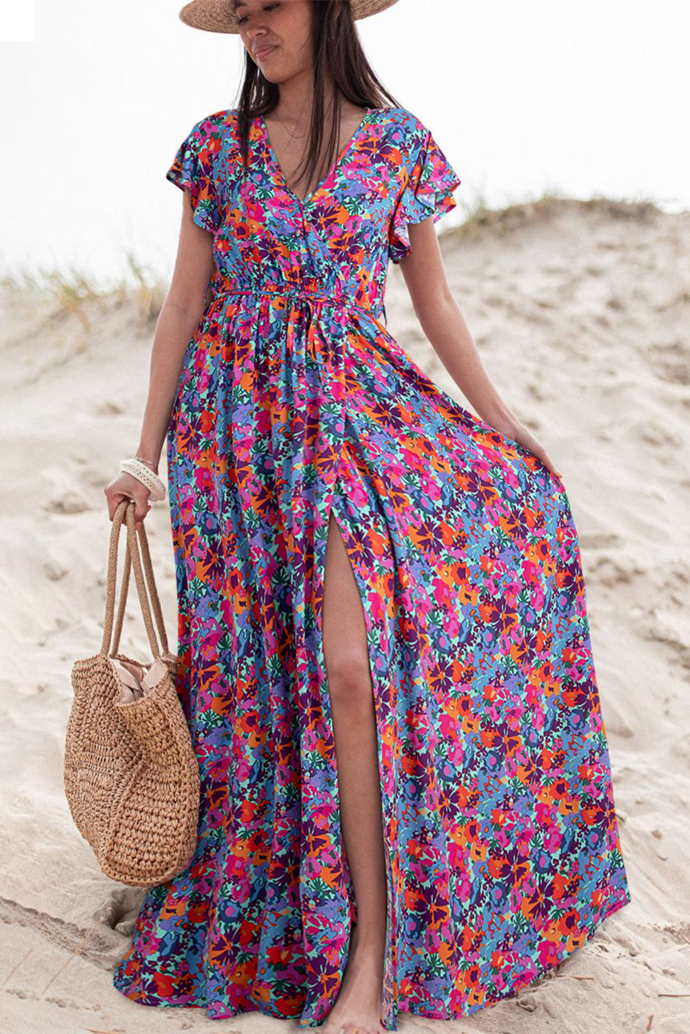 Blue Boho Floral Print V Neck Wrap Split Maxi DressMaterial:100%Viscose



		This high waist dress elongates the silhouette and creates a flattering hourglass shape
	
	
		The side slit adds a touch of allure and