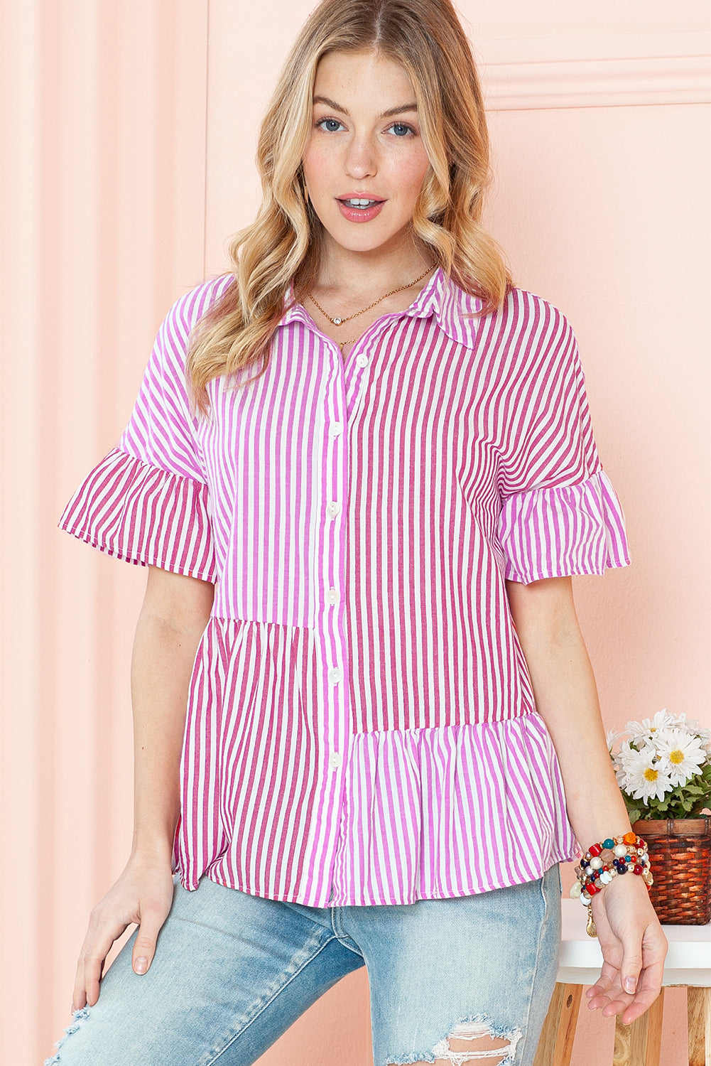 Pink Striped Patchwork Ruffle Button Up Blouse