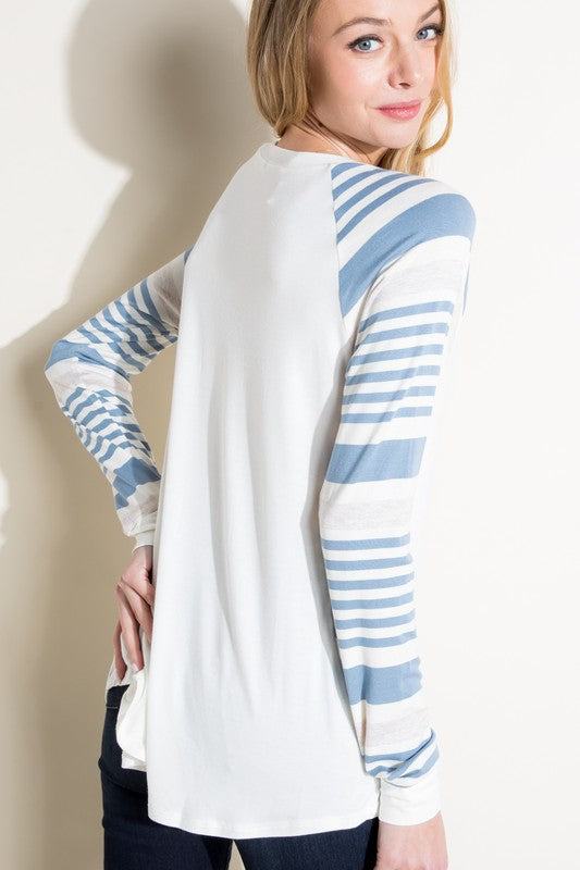 PLUS ENGINEERING STRIPE MIXED TOPPLUS ENGINEERING STRIPE AND SOLID MIXED LONG SLEEVE ROUND NECK TOP-ENGINEERING STRIPE AND SOLID JERSEY MIXED-LONG SLEEVE ROUND NECK-BASEBALL CASUAL PLUS TOP-95% RAYO