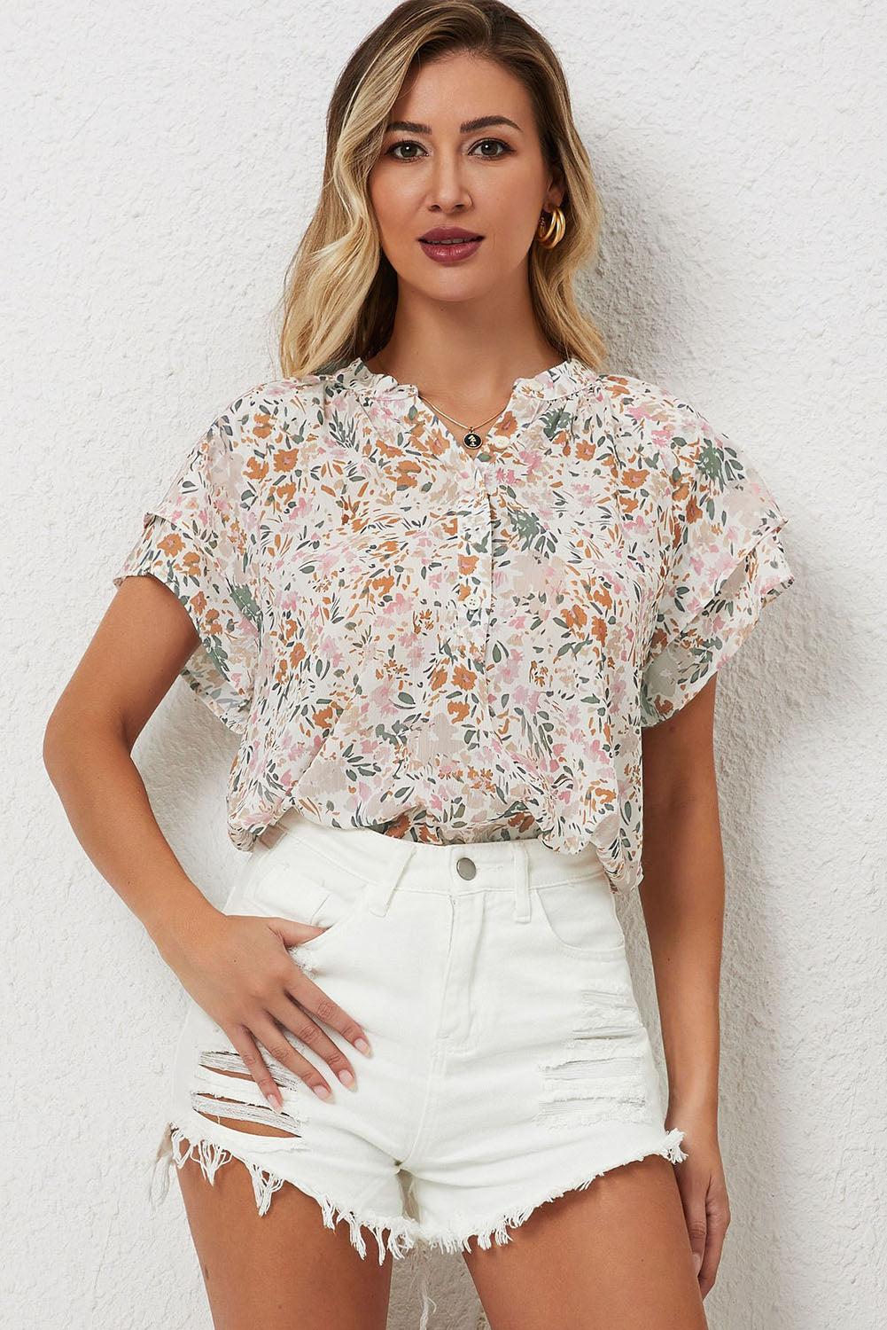 Multicolor Floral Button Notch Neck Ruffle Sleeve Blouse