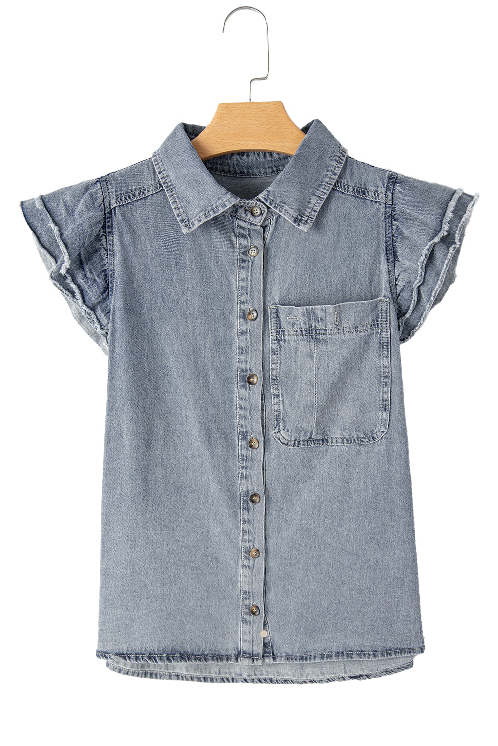 Beau Blue Frayed Layered Ruffle Sleeve Denim BlouseMaterial:100%Cotton

• The blouse is a charming vintage-inspired piece, perfect for adding a touch of retro flair to your wardrobe.
• This blouse features a unique