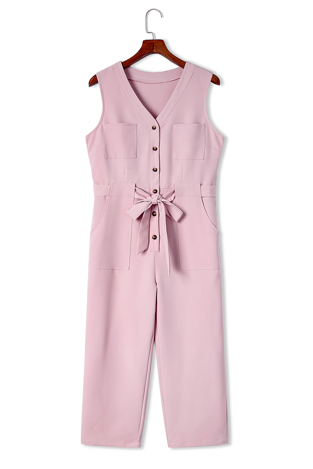 Pink Buttoned Sleeveless Cropped Jumpsuit With SashMaterial:95%POLYESTER+5%ELASTANE



		The
chic jumpsuit features a button-up front and a sleeveless design, making it
perfect for warm weather
	
	
		The
crop