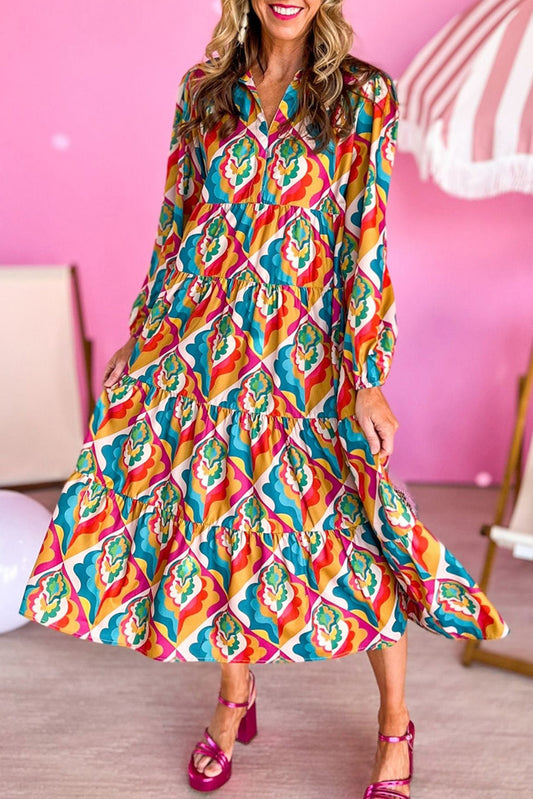 Multicolor Abstract Geometric Print Notch Neck Tiered Boho DressMaterial:100%Polyester



		The dress is made up of a unique and eye-catching print that is perfect for a variety of occasions.
	
	
		The notch neck adds a touc