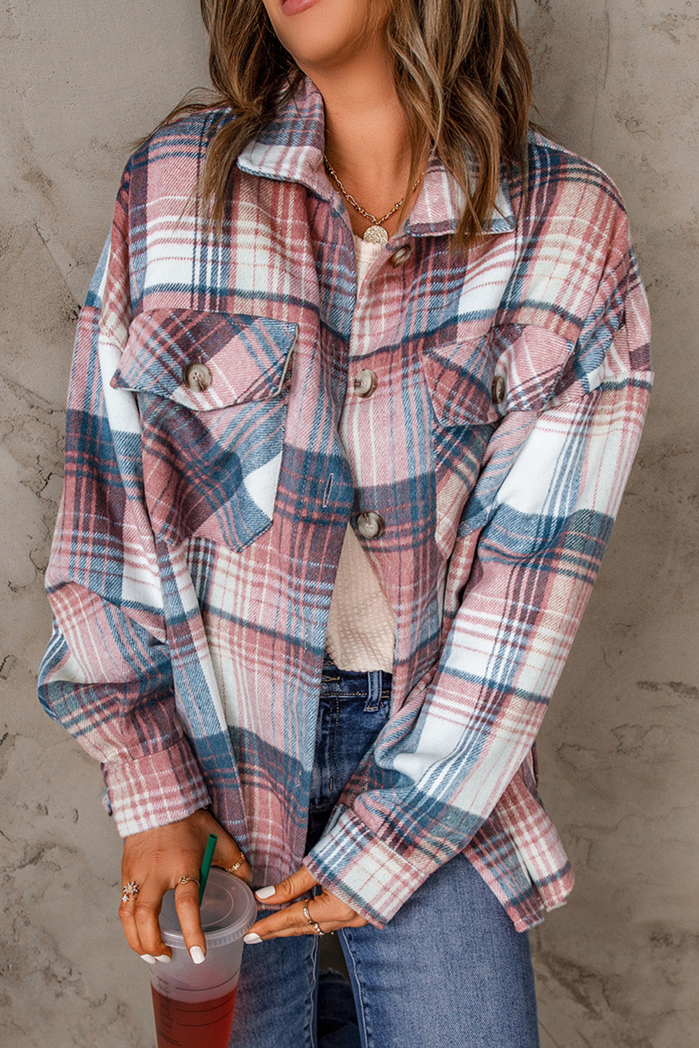 Grey Plaid Button Up Collared Flannel Shacket