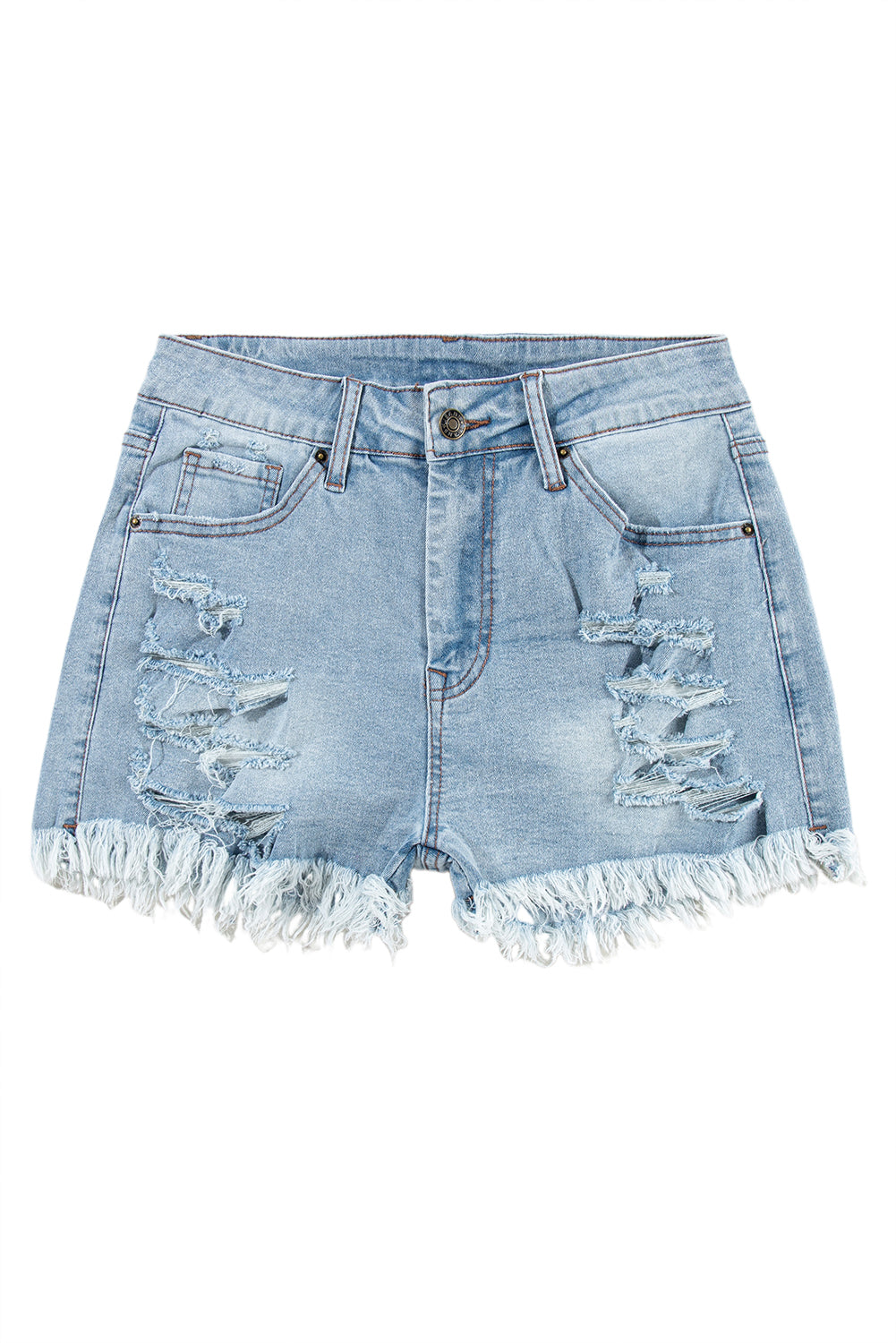 Light Blue Distressed Ripped Raw Hem High Waist Denim ShortsMaterial:55%Cotton+42%Viscose+3%Elastane

• The vintage wash gives them a classic look, while the high waist design ensures a flattering fit.
• Featuring practical