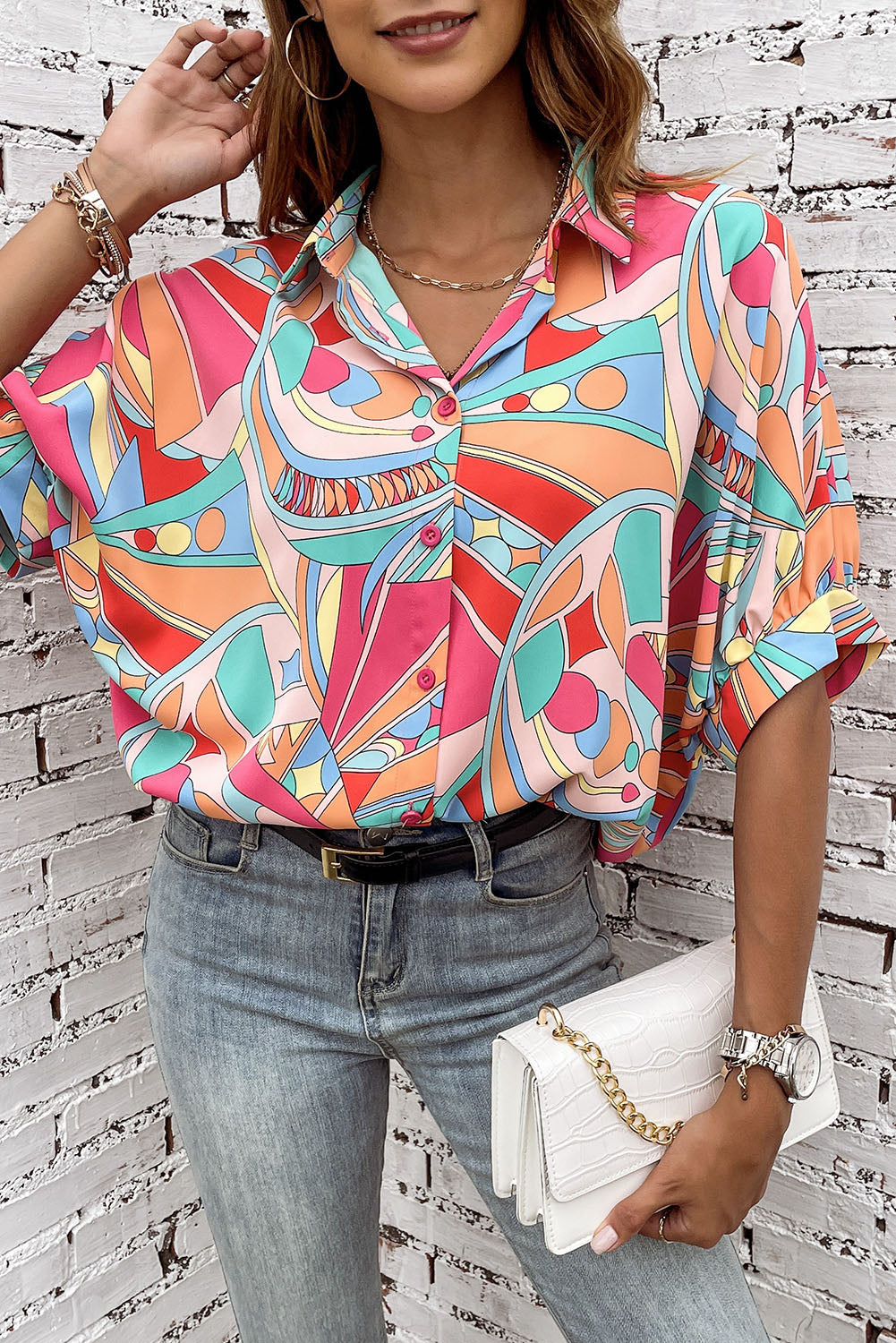 Multicolor Abstract Print Half Batwing Sleeve Loose Blouse