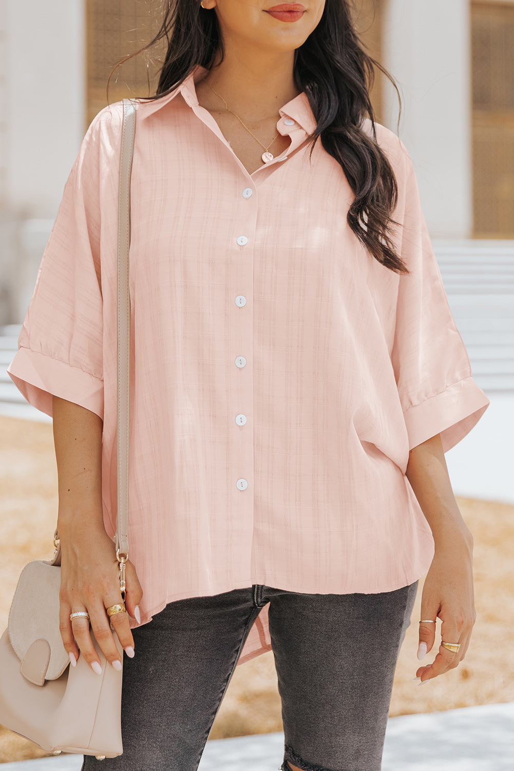 Pink Half Sleeve Collared Button Up BlouseMaterial:100%Polyester



		It features a flattering high-low hemline for a stylish touch.
	
	
		The collared design adds a touch of sophistication.
	
	
		Th