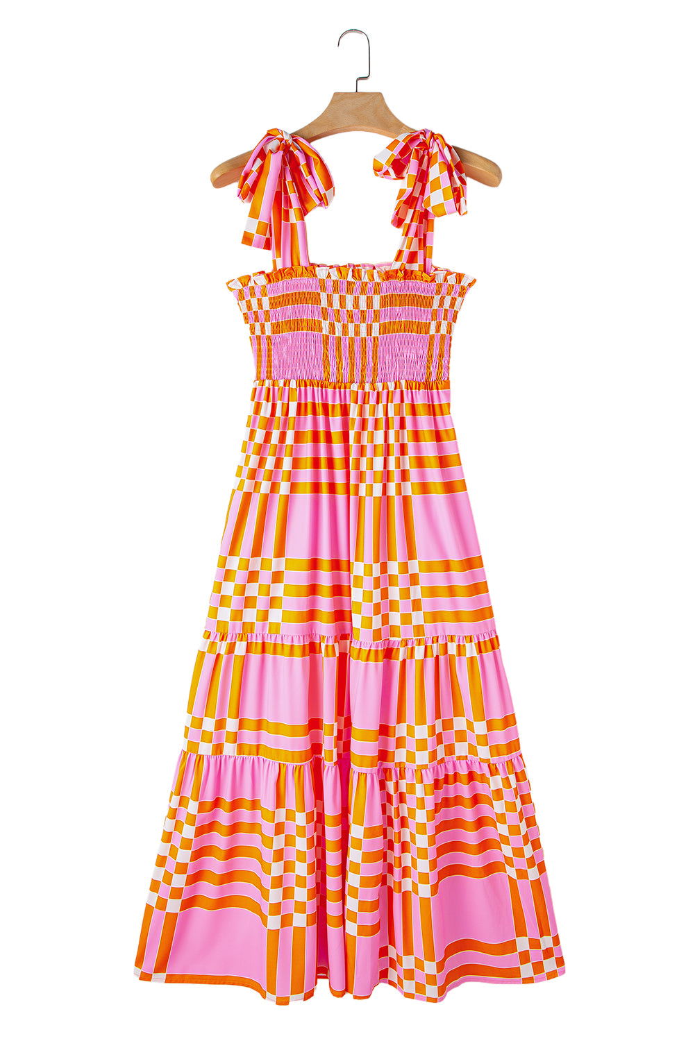 Pink Tie Strap Plaid & Striped Smocked Maxi DressMaterial:100%Polyester



		Embrace the sunshine with this flowy long dress
	
	
		It’s a elegantly flared dress with tiered skirt and self-tie straps
	
	
		F