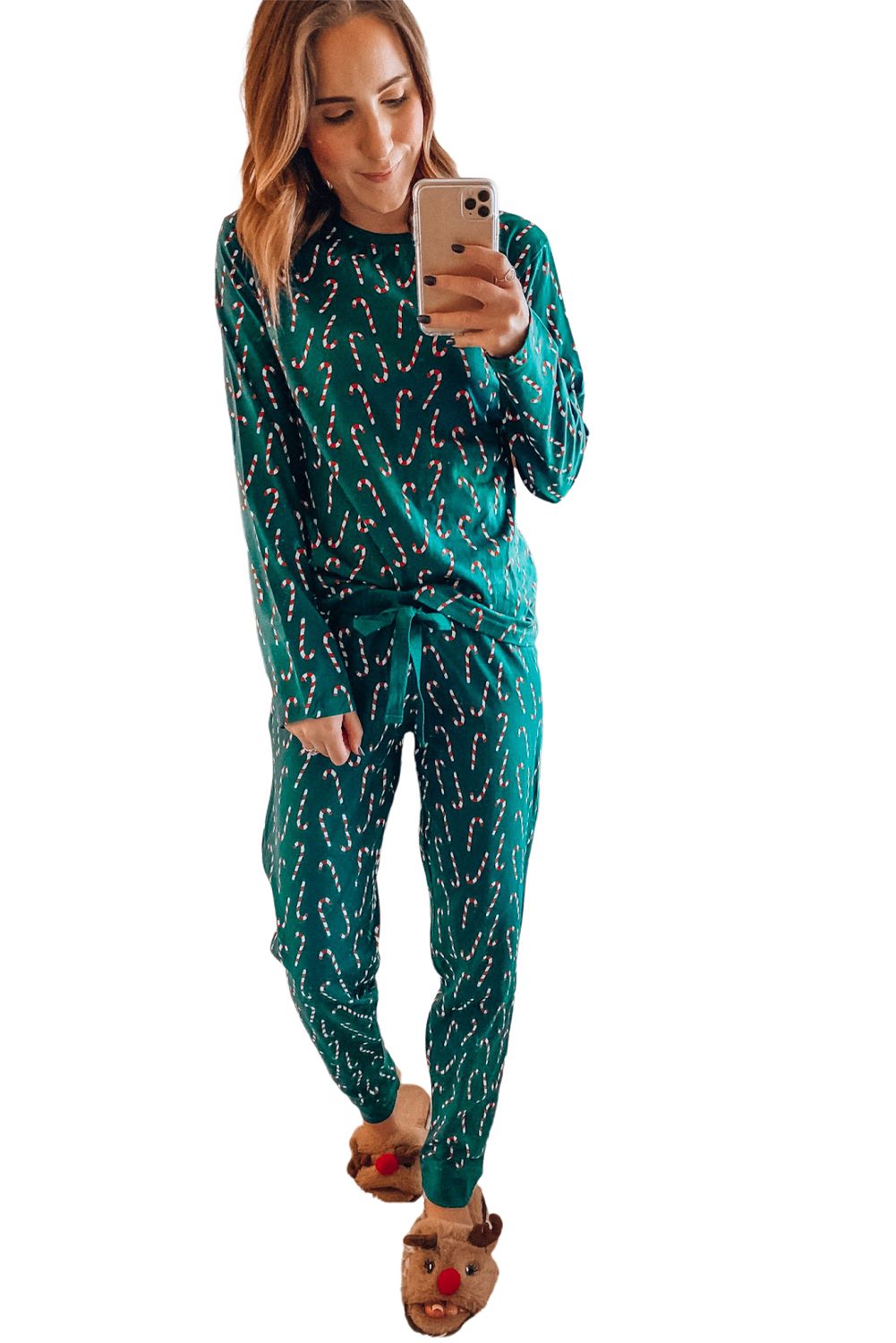 Green Christmas Candy Cane Printed Top and Pants Loungewear SetMaterial:95%Polyester+5%Elastane

• Festive green color brings a touch of holiday spirit to your loungewear collection. 
• Unique candy cane print adds a fun and p