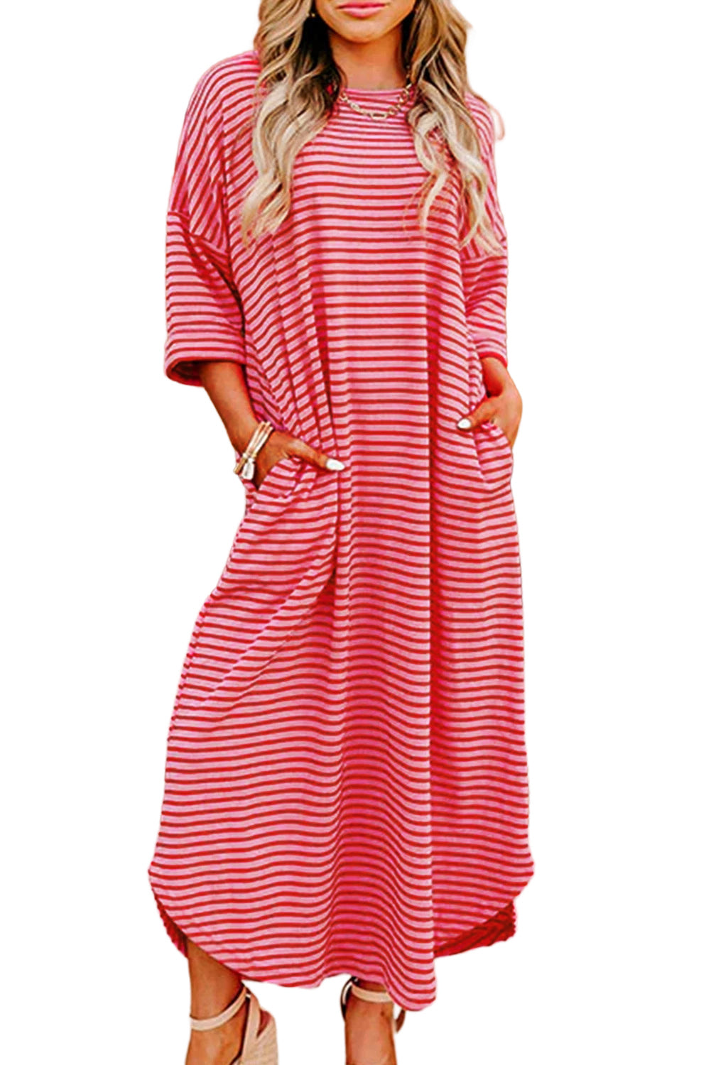 Strawberry Pink Striped Drop Sleeve Loose DressMaterial:95%Cotton+5%Elastane

• Embrace a laid-back chic look with our dress, perfect for casual outings or a day at the beach.
• Stay stylish and comfortable all