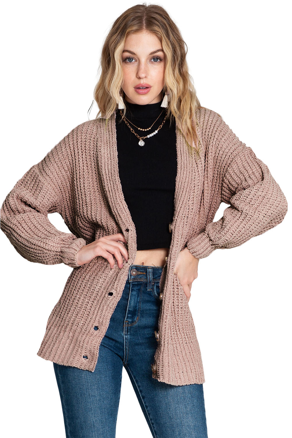 Black Solid Color Buttoned Down Casual Knitted Cardigan