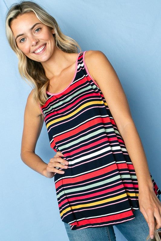 MULTI STRIPE TANK TOPMULTI STRIPE PRINT JERSEY ROUND NECK TANK TOP- Model is 5' 8" 31-24-35 and wearing a Small- 95% RAYON, 5% SPANDEX - MADE IN USA
Style: Casual
Print / Pattern: Stripe