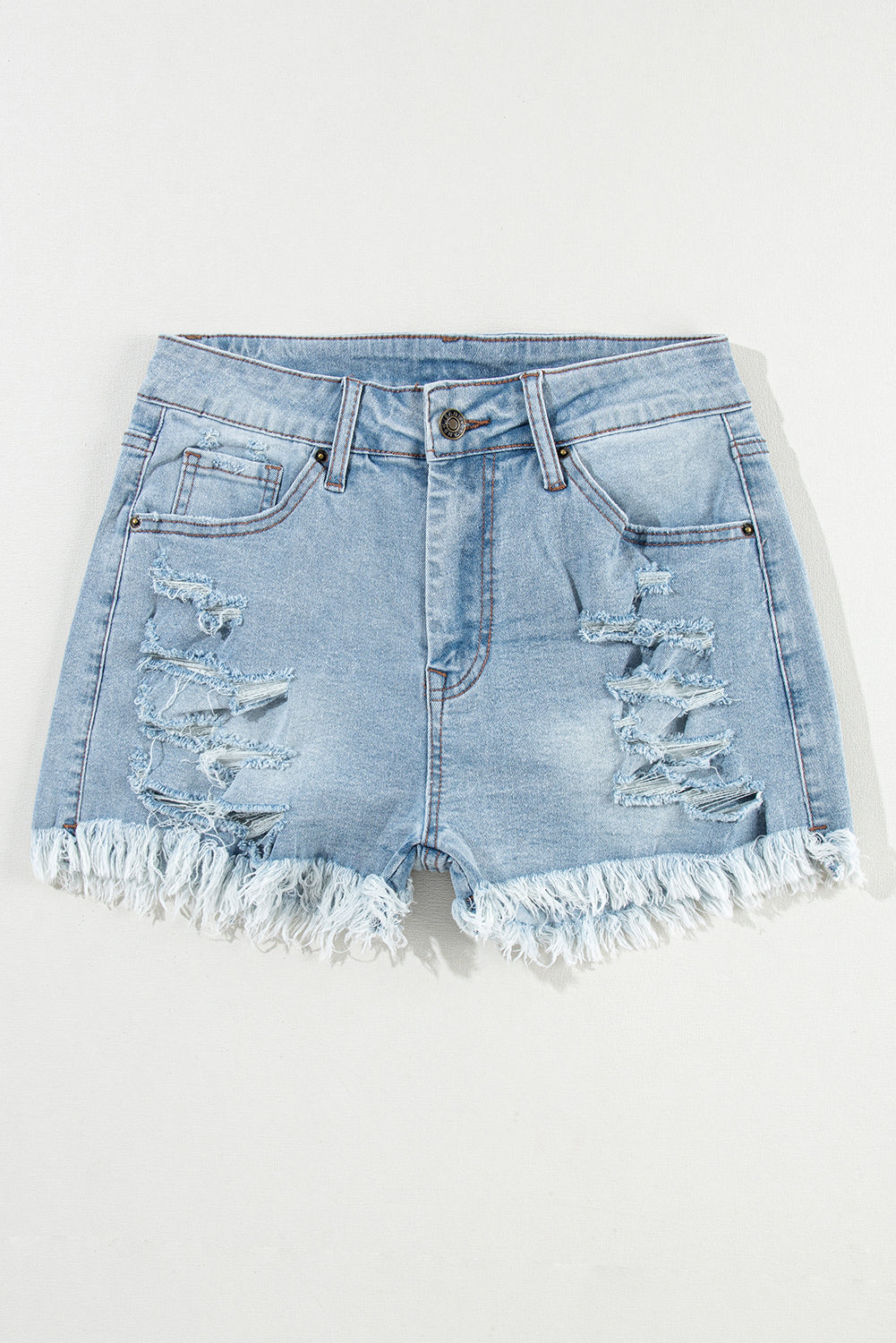 Light Blue Distressed Ripped Raw Hem High Waist Denim ShortsMaterial:55%Cotton+42%Viscose+3%Elastane

• The vintage wash gives them a classic look, while the high waist design ensures a flattering fit.
• Featuring practical