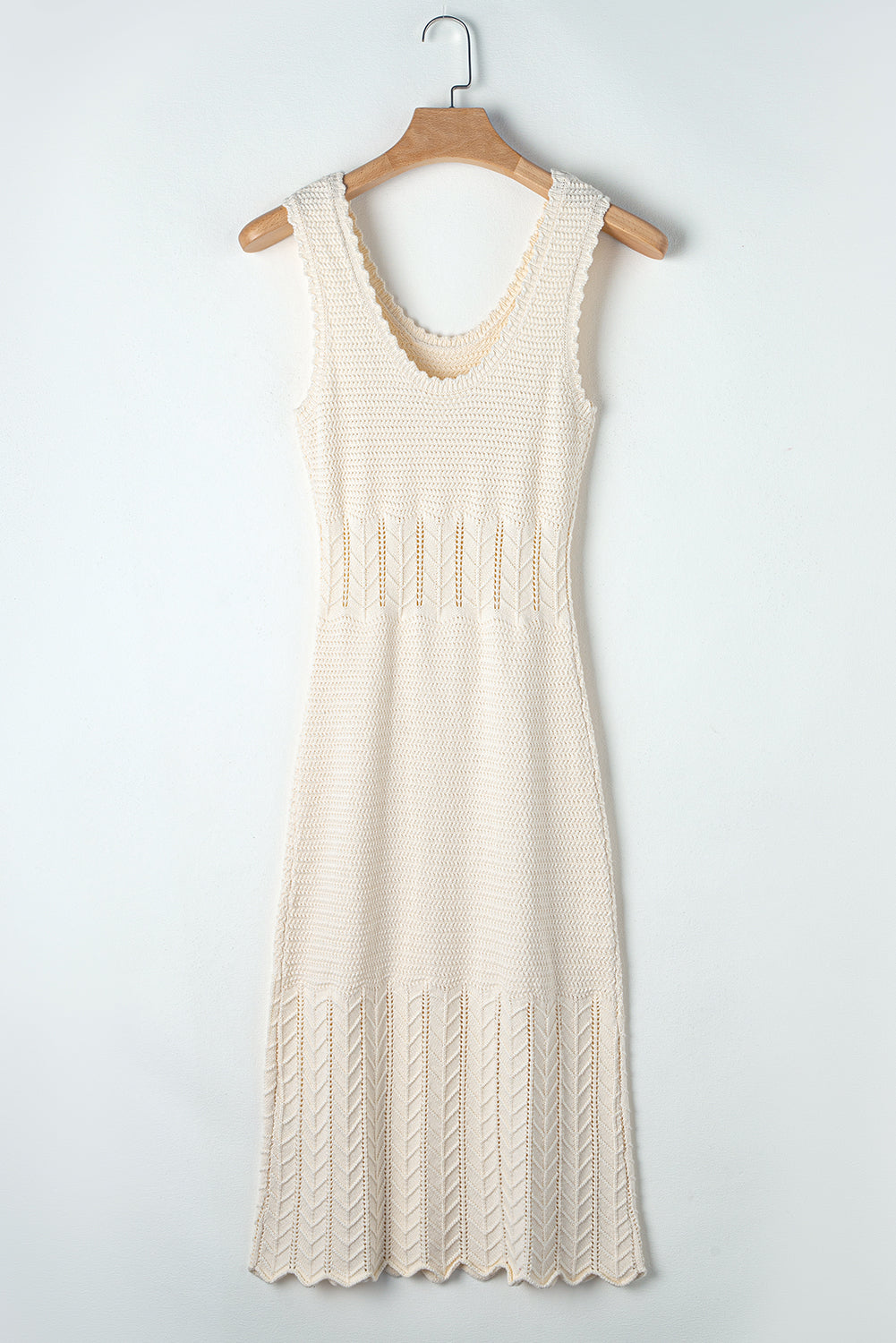 Beige Mix Texture Knitted Ruffle Hem Sleeveless Midi DressMaterial:89%Cotton+11%Polyamide

• Unique mix texture design gives this dress a modern edge, blending knit and ruffle elements seamlessly for a sophisticated look. 