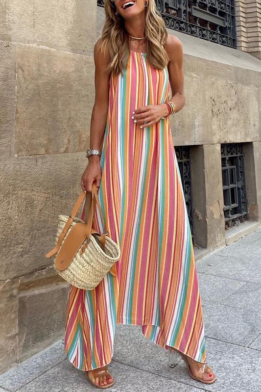 Bohemian Striped Colorblock Spaghetti Strap Sleeveless Maxi DressMaterial:100%Polyester



		•Bold and eye-catching vertical stripes add a trendy touch.
	
	
		•Sleeveless design keeps you cool on hot days.
	
	
		•Boho styl