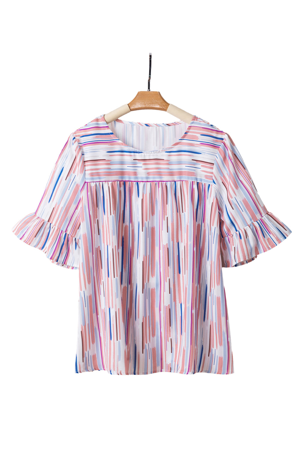 White Abstract Print Ruffle Half Sleeve BlouseMaterial:100%Polyester



		The blouse features a colorblock design, where different colors are strategically placed to create a visually striking contrast. 
	
	